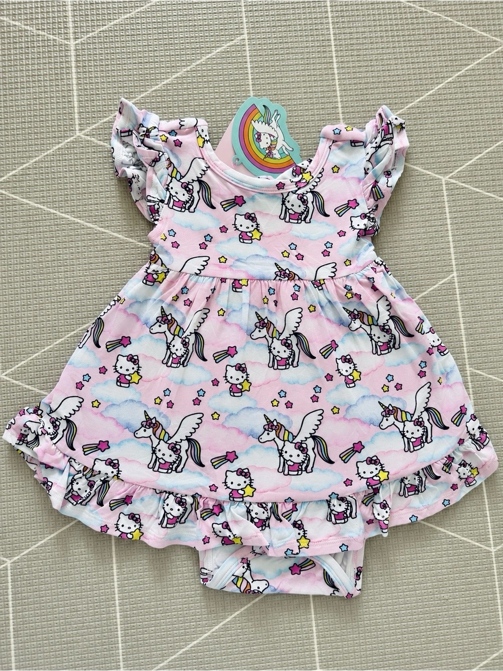 Posh Peanut Hello Kitty Collab 2T - Hello Unicorn Tie Back Ruffle Bodysuit Dress